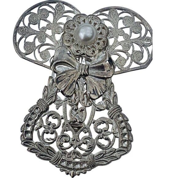 Vintage Jane White Glass Faux Pearl Silver Tone Paisley Angel Brooch Signed - Picture 1 of 6